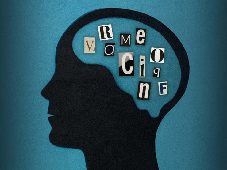 A profile illustration of a person with random letters in their brain to symbolize what is aphasia