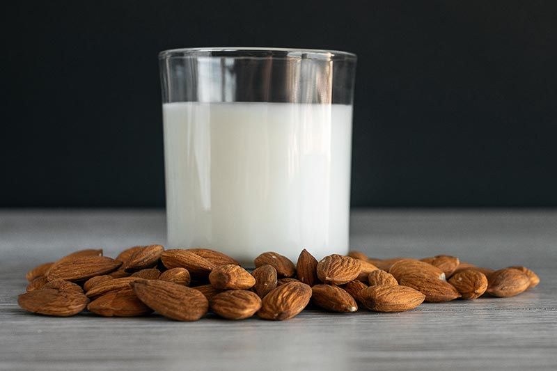 image of a glass of milk with almonds around it